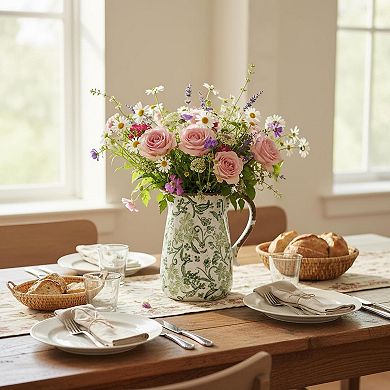 Ceramic Rustic Farmhouse Vase Vintage Hand-Painted Floral Pitcher w/ Handle for Centerpieces Home