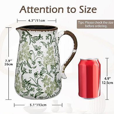 Ceramic Rustic Farmhouse Vase Vintage Hand-Painted Floral Pitcher w/ Handle for Centerpieces Home
