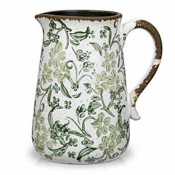 Ceramic Rustic Farmhouse Vase Vintage Hand-Painted Floral Pitcher w/ Handle for Centerpieces Home