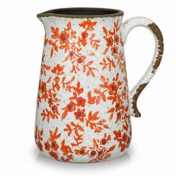 Ceramic Rustic Farmhouse Vase Vintage Hand-Painted Floral Pitcher w/ Handle for Centerpieces Home