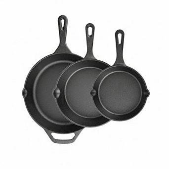 Cast Iron Skillet 3 pc Set Pre-Seasoned Heavy-Duty Frying Pans for Multi-Cooking