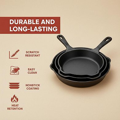 Cast Iron Skillet 3-Piece Set Pre-Seasoned Heavy-Duty Frying Pans for Multi-Cooking