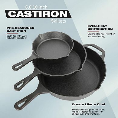 Cast Iron Skillet 3-Piece Set Pre-Seasoned Heavy-Duty Frying Pans for Multi-Cooking
