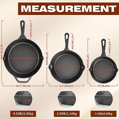 Cast Iron Skillet 3-Piece Set Pre-Seasoned Heavy-Duty Frying Pans for Multi-Cooking
