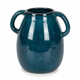 Blue Ceramic Vase 2 Handles Modern Farmhouse Decor 7 Inch Tall Small Decorative Flower Vase