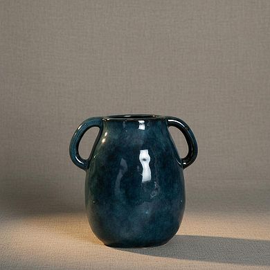 Blue Ceramic Vase 2 Handles Modern Farmhouse Decor 7 Inch Tall Small Decorative Flower Vase
