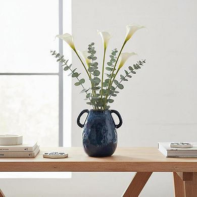 Blue Ceramic Vase 2 Handles Modern Farmhouse Decor 7 Inch Tall Small Decorative Flower Vase