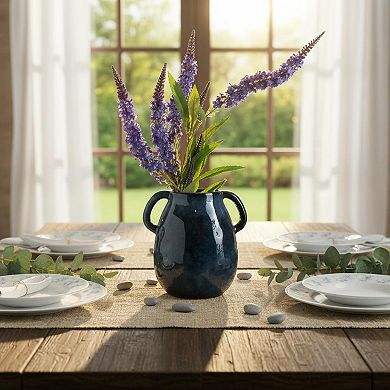 Blue Ceramic Vase 2 Handles Modern Farmhouse Decor 7 Inch Tall Small Decorative Flower Vase
