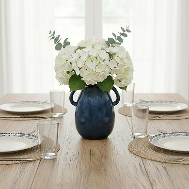 Blue Ceramic Vase 2 Handles Modern Farmhouse Decor 7 Inch Tall Small Decorative Flower Vase