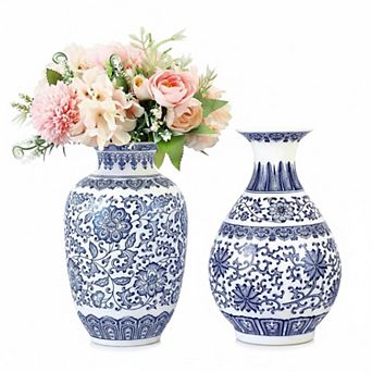2 Blue and White Porcelain Vases Chinoiserie Home Decor Ceramic Floral Gift Set
