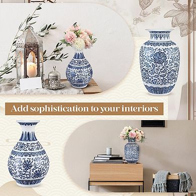 2 Blue and White Porcelain Vases Chinoiserie Home Decor Ceramic Floral Gift Set