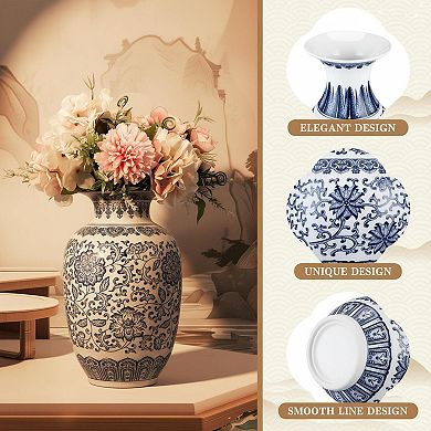 2 Blue and White Porcelain Vases Chinoiserie Home Decor Ceramic Floral Gift Set
