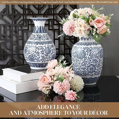 2 Blue and White Porcelain Vases Chinoiserie Home Decor Ceramic Floral Gift Set