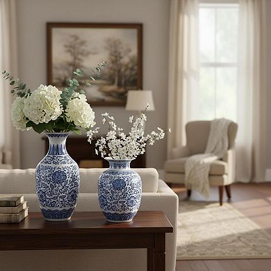 2 Blue and White Porcelain Vases Chinoiserie Home Decor Ceramic Floral Gift Set