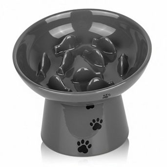 Ceramic Elevated Slow Feeder Cat Bowl Anti Vomiting Raised Fishbone Design Shallow Stable