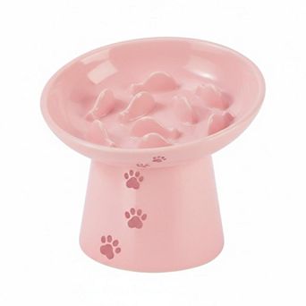 Ceramic Elevated Slow Feeder Cat Bowl Anti Vomiting Raised Fishbone Design Shallow Stable