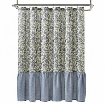 Block Print Linen Textured Shower Curtain Floral Ruffled 72x72 Machine Washable