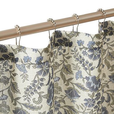 Block Print Linen Textured Shower Curtain Floral Ruffled 72x72 Machine Washable