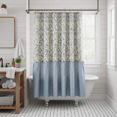 Block Print Linen Textured Shower Curtain Floral Ruffled 72x72 Machine Washable