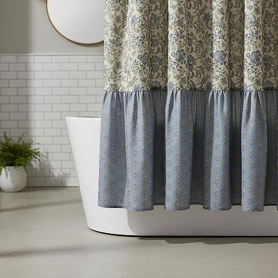 Block Print Linen Textured Shower Curtain Floral Ruffled 72x72 Machine Washable