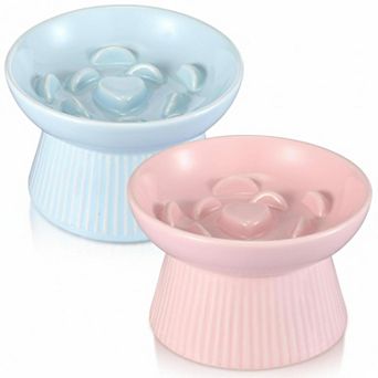 2 Pack Raised Slow Feeder Ceramic Cat Dog Bowl Anti Vomiting Elevated