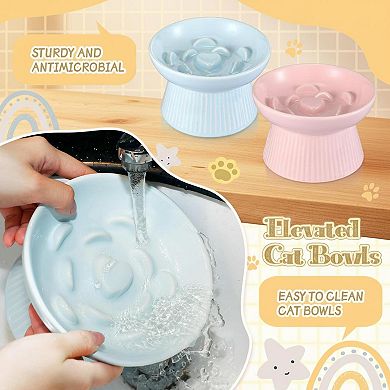 2 Pack Raised Slow Feeder Ceramic Cat Dog Bowl Anti Vomiting Elevated