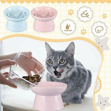 2 Pack Raised Slow Feeder Ceramic Cat Dog Bowl Anti Vomiting Elevated