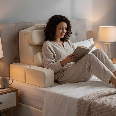 19 Inch Gray Reading Pillow for Adults: Bed Backrest, Detachable Arms, Built-In Cup & Phone Holder