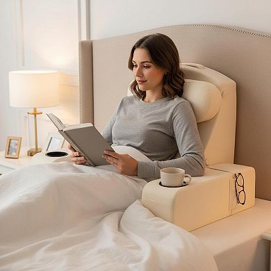19 Inch Gray Reading Pillow for Adults: Bed Backrest, Detachable Arms, Built-In Cup & Phone Holder