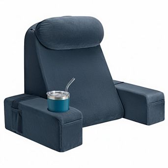 19 Inch Gray Reading Pillow for Adults: Bed Backrest, Detachable Arms, Built-In Cup & Phone Holder