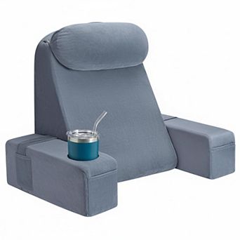 19 Inch Gray Reading Pillow for Adults: Bed Backrest, Detachable Arms, Built-In Cup & Phone Holder