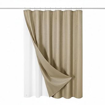 3 in 1 Shower Curtain Set Waffle Fabric PEVA Liner 12 Stainless Steel Hooks Waterproof Bathroom