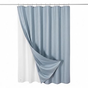 3 in 1 Shower Curtain Set Waffle Fabric PEVA Liner 12 Stainless Steel Hooks Waterproof Bathroom