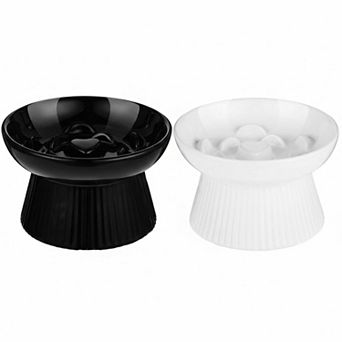 2 Ceramic Raised Slow Feeder Bowls for Cats Dogs Elevated No Spill Easy Clean Dishwasher Safe
