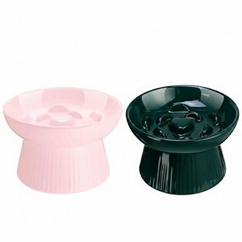 2 Ceramic Raised Slow Feeder Bowls for Cats Dogs Elevated No Spill Easy Clean Dishwasher Safe
