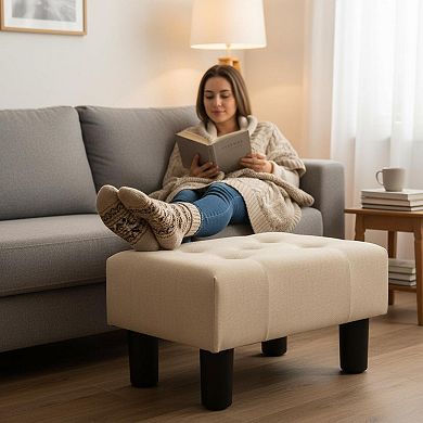 Small Linen Foot Stool Ottoman Comfortable MultiPurpose Easy Assemble