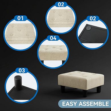 Small Linen Foot Stool Ottoman Comfortable MultiPurpose Easy Assemble