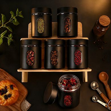 6 Pack Kitchen Canisters Set Airtight Stainless Steel Glass Window Food Storage Containers Coffee