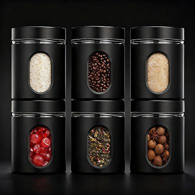 6 Pack Kitchen Canisters Set Airtight Stainless Steel Glass Window Food Storage Containers Coffee