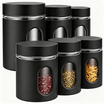 6 Pack Kitchen Canisters Set Airtight Stainless Steel Glass Window Food Storage Containers Coffee