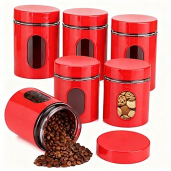 6 Pack Kitchen Canisters Set Airtight Stainless Steel Glass Window Food Storage Containers Coffee