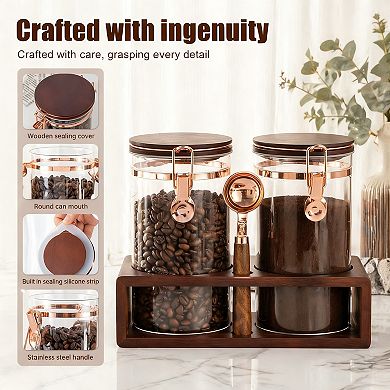 2 X 40oz Glass Coffee Storage Jars with Wooden Shelf Sealed Clips Spoon Food Container Set