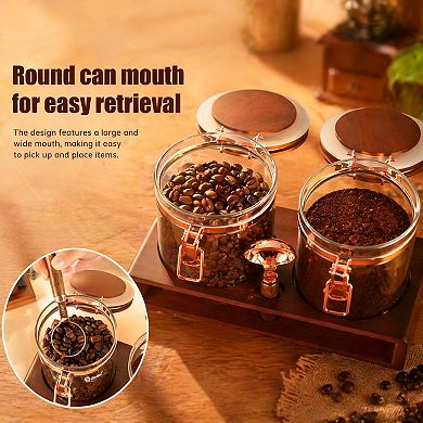 2 X 40oz Glass Coffee Storage Jars with Wooden Shelf Sealed Clips Spoon Food Container Set