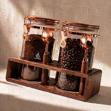 2 X 40oz Glass Coffee Storage Jars with Wooden Shelf Sealed Clips Spoon Food Container Set