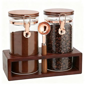 2 X 40oz Glass Coffee Storage Jars with Wooden Shelf Sealed Clips Spoon Food Container Set