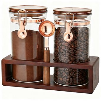 2 X 40oz Glass Coffee Storage Jars with Wooden Shelf Sealed Clips Spoon Food Container Set