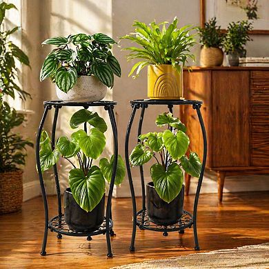 2 Tier Metal Plant Stand Indoor Outdoor 25.2 Inch Rustproof Stable Multiple Display Rack 2 Pack