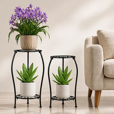 2 Tier Metal Plant Stand Indoor Outdoor 25.2 Inch Rustproof Stable Multiple Display Rack 2 Pack
