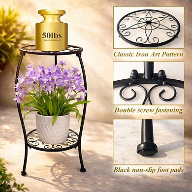 2 Tier Metal Plant Stand Indoor Outdoor 25.2 Inch Rustproof Stable Multiple Display Rack 2 Pack