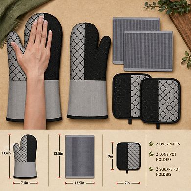 6pcs Kitchen Oven Mitts Pot Holders Set 550°F Heat Resistant Non-Slip Cotton Lining Hanging Loops